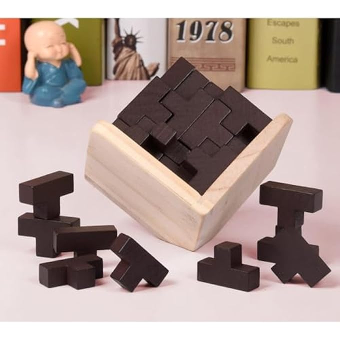3D WOODEN BRAIN TEASER PUZZLE, 3D PUZZLE BOX WITH T-SHAPE PIECES, BRAIN BOOSTING GAMES FOR CHILDREN TEENAGERS AND ADULT PUZZLE ENTHUSIASTS - Image 1